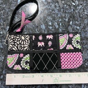 New Vera Bradley Ella Black and Pink elephants Patterned Wristlet